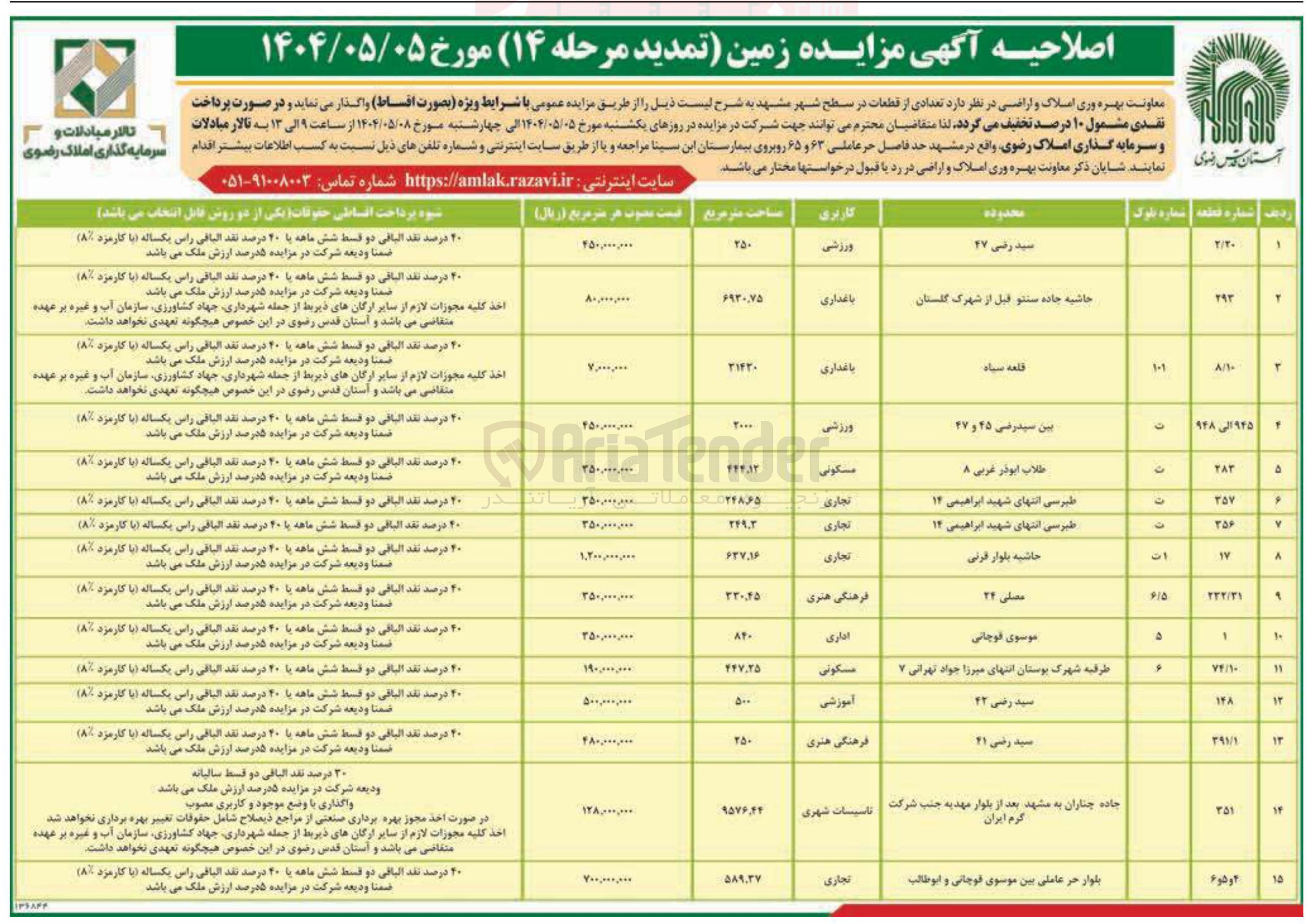 تصویر کوچک آگهی فروش تعدادی از قطعات در سطح شهر در 15 ردیف با کاربری ورزشی - باغداری - مسکونی - تجاری - فرهنگی هنری - اداری - تاسیسات شهری