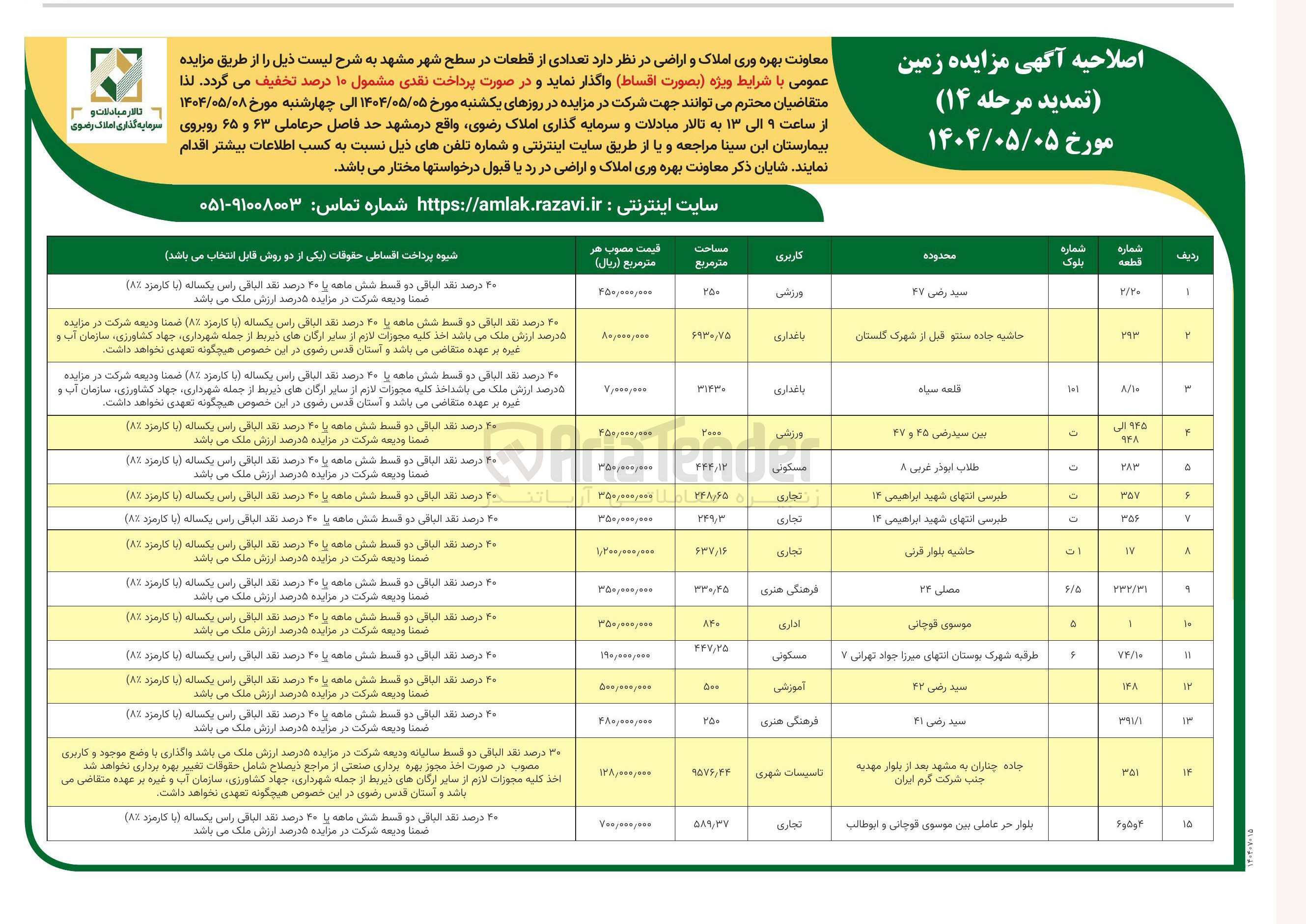 تصویر کوچک آگهی فروش تعدادی از قطعات در سطح شهر در 15 ردیف با کاربری رزشی - باغداری - مسکونی - تجاری - اداری - فرهنگی هنری - تاسیسات شهری