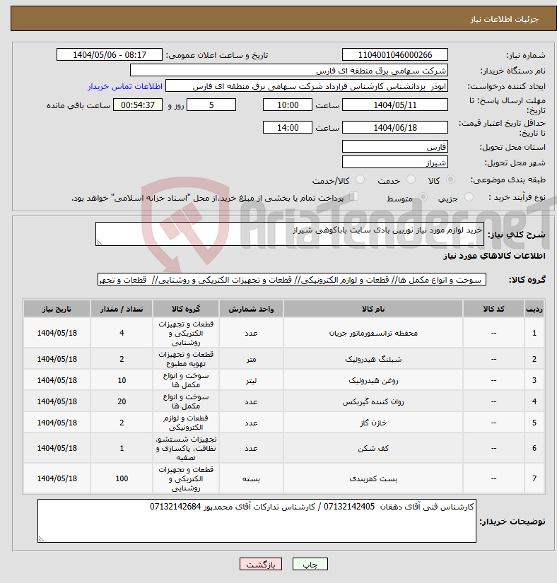 تصویر کوچک آگهی نیاز انتخاب تامین کننده-خرید لوازم مورد نیاز توربین بادی سایت باباکوهی شیراز