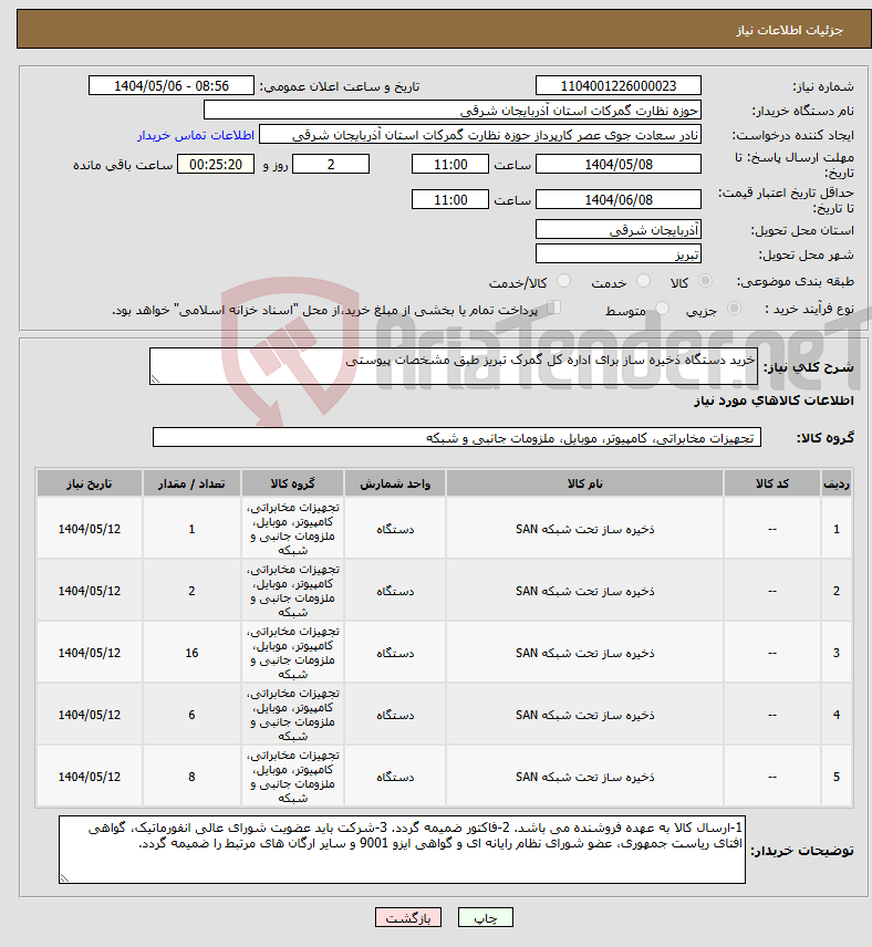 تصویر کوچک آگهی نیاز انتخاب تامین کننده-خرید دستگاه ذخیره ساز برای اداره کل گمرک تبریز طبق مشخصات پیوستی