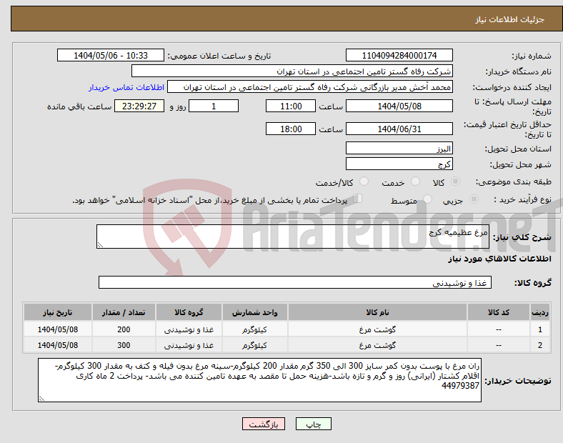 تصویر کوچک آگهی نیاز انتخاب تامین کننده-مرغ عظیمیه کرج