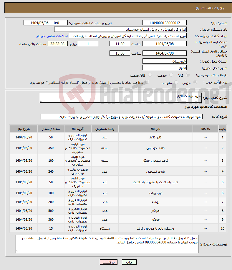 تصویر کوچک آگهی نیاز انتخاب تامین کننده-خرید نوشت افزار
