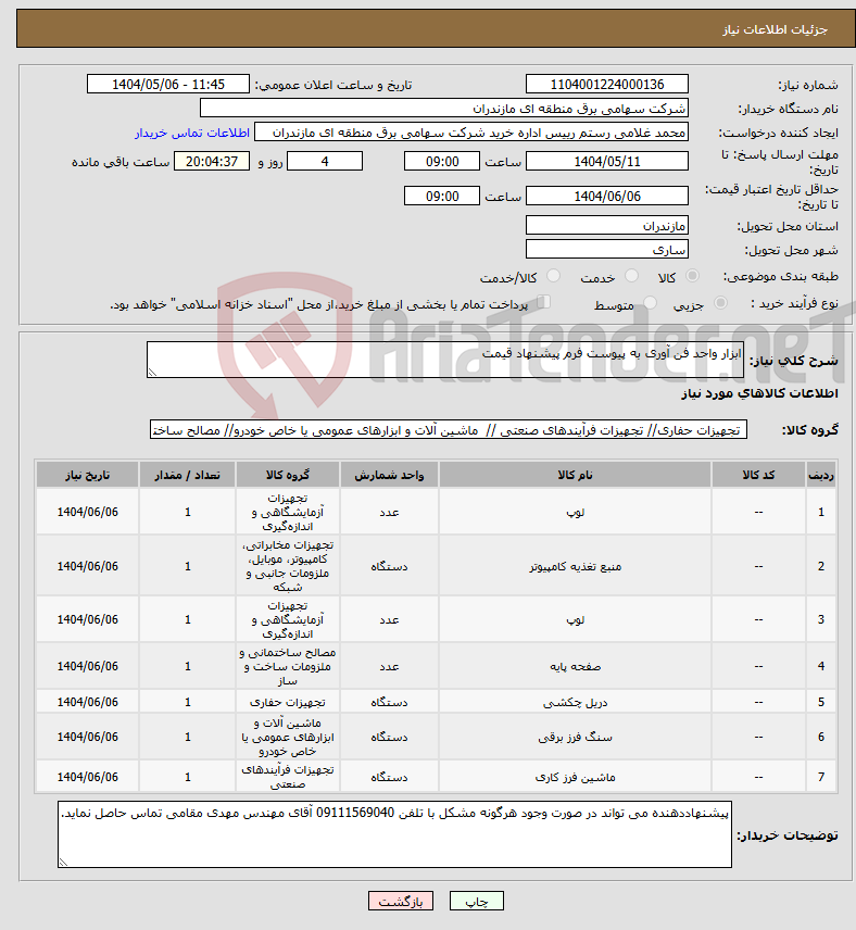 تصویر کوچک آگهی نیاز انتخاب تامین کننده-ابزار واحد فن آوری به پیوست فرم پیشنهاد قیمت