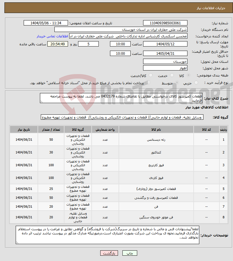 تصویر کوچک آگهی نیاز انتخاب تامین کننده-قطعات کمپرسور کالای درخواستی مطابق با تقاضای شماره 0432179 می باشد. لطفا به پیوست مراجعه فرمایید