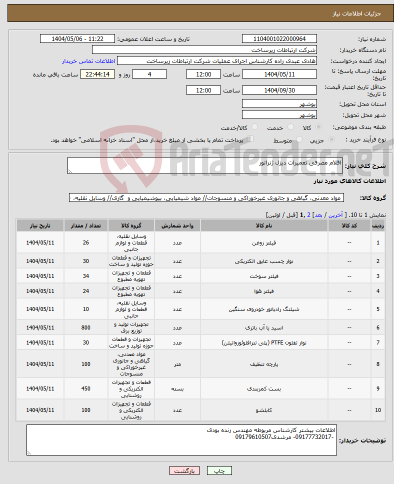 تصویر کوچک آگهی نیاز انتخاب تامین کننده-اقلام مصرفی تعمیرات دیزل ژنراتور