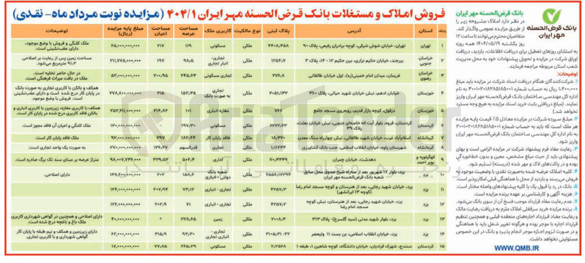 تصویر کوچک آگهی فروش املاک در 15 ردیف در استان های تهران - خراسان جنوبی - خراسان رضوی - خوزستان - کردستان - کرمانشاه - کهگیلویه - یزد و با کاربری مسکونی - تجاری - اداری - انباری
