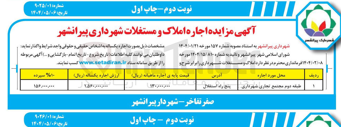 تصویر کوچک آگهی طبقه دوم مجتمع تجاری شهرداری 

