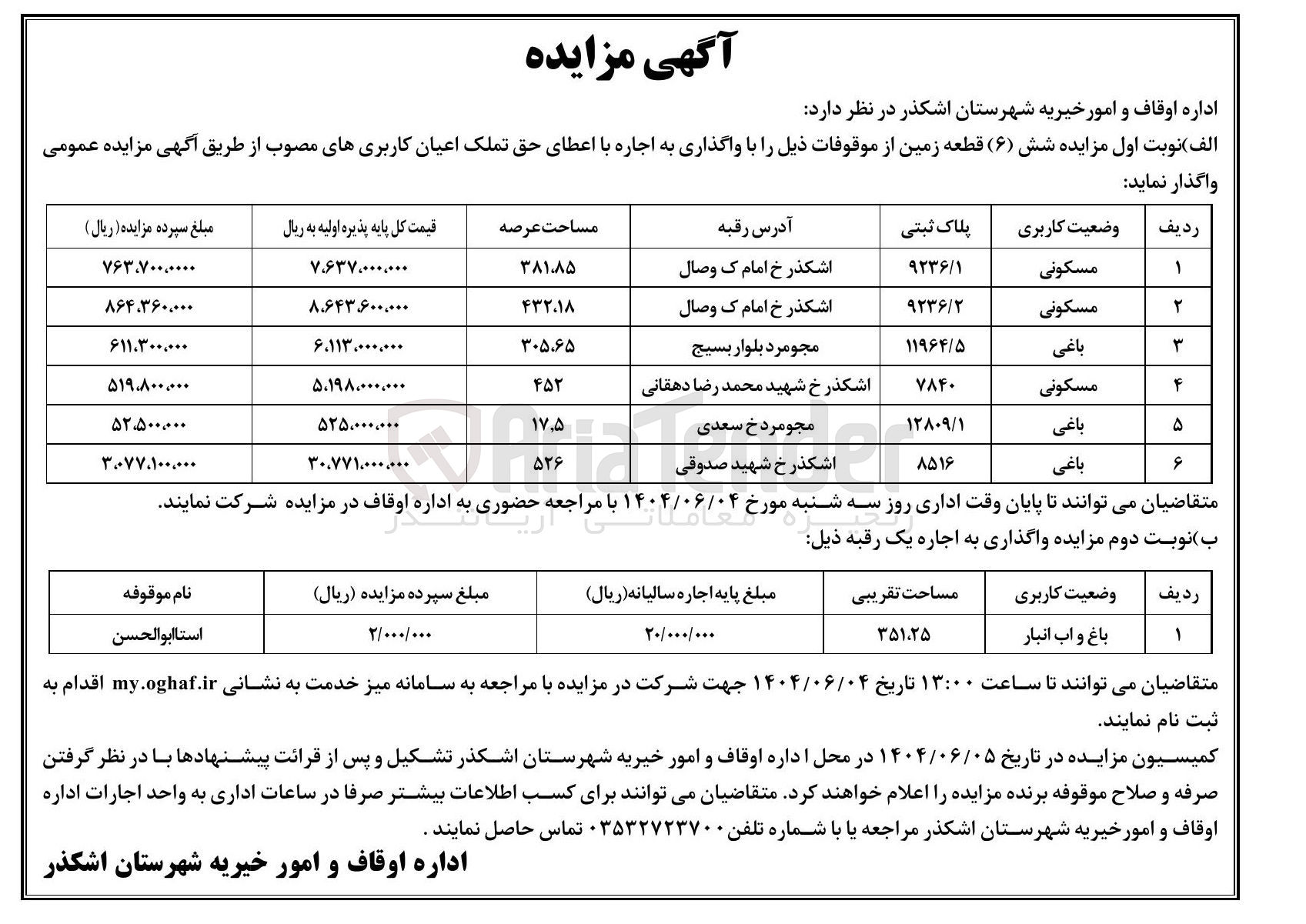 تصویر کوچک آگهی اجاره یک رقبه باغ و آب انبار 
