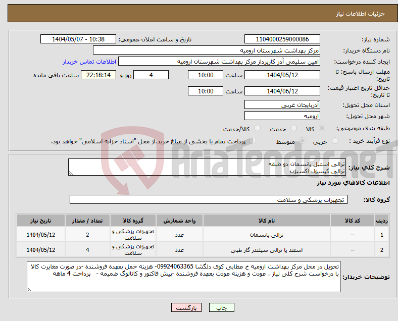 تصویر کوچک آگهی نیاز انتخاب تامین کننده-ترالی استیل پانسمان دو طبقه ترالی کپسول اکسیژن