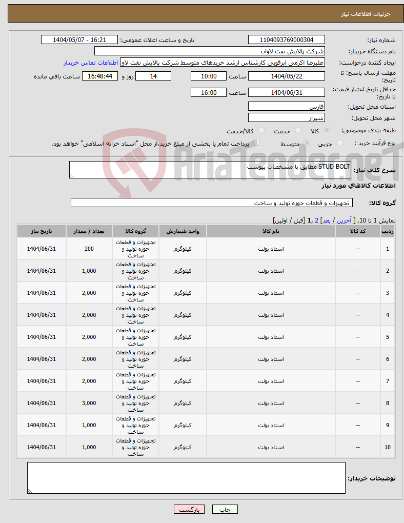تصویر کوچک آگهی نیاز انتخاب تامین کننده-STUD BOLT مطابق با مشخصات پیوست