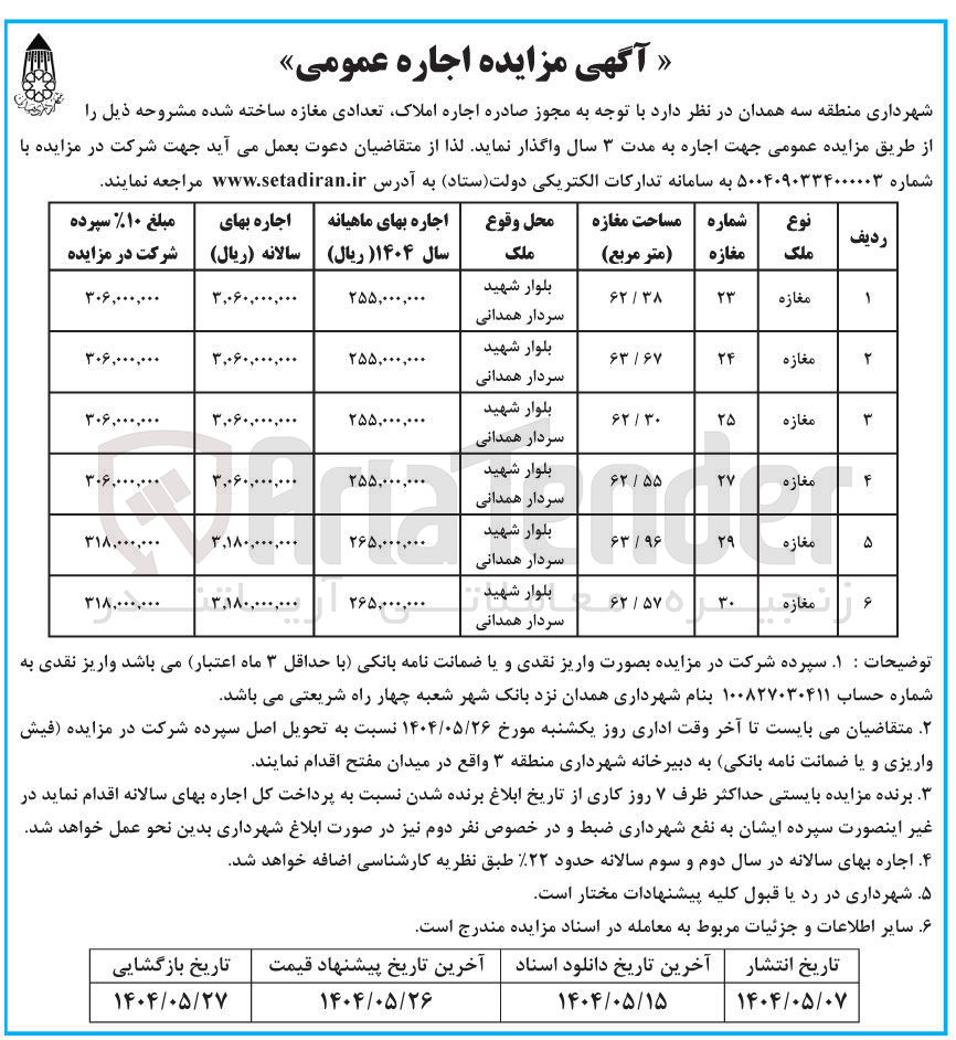 تصویر کوچک آگهی اجاره تعدادی مغازه ساخته شده در 6 ردیف