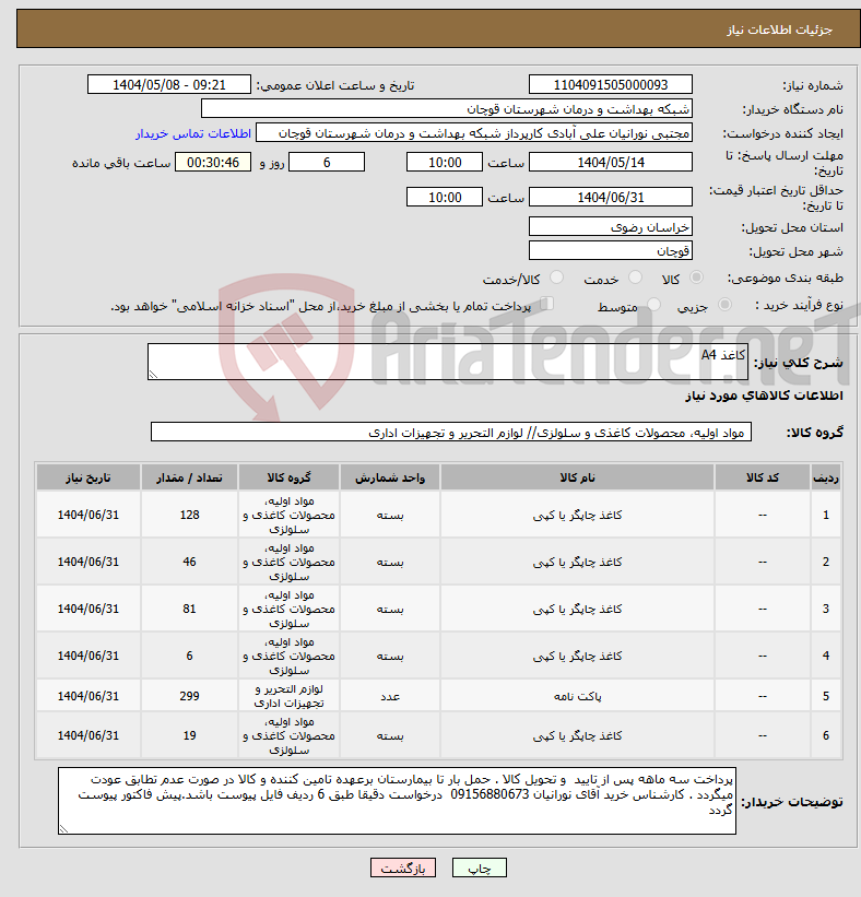 تصویر کوچک آگهی نیاز انتخاب تامین کننده-کاغذ A4