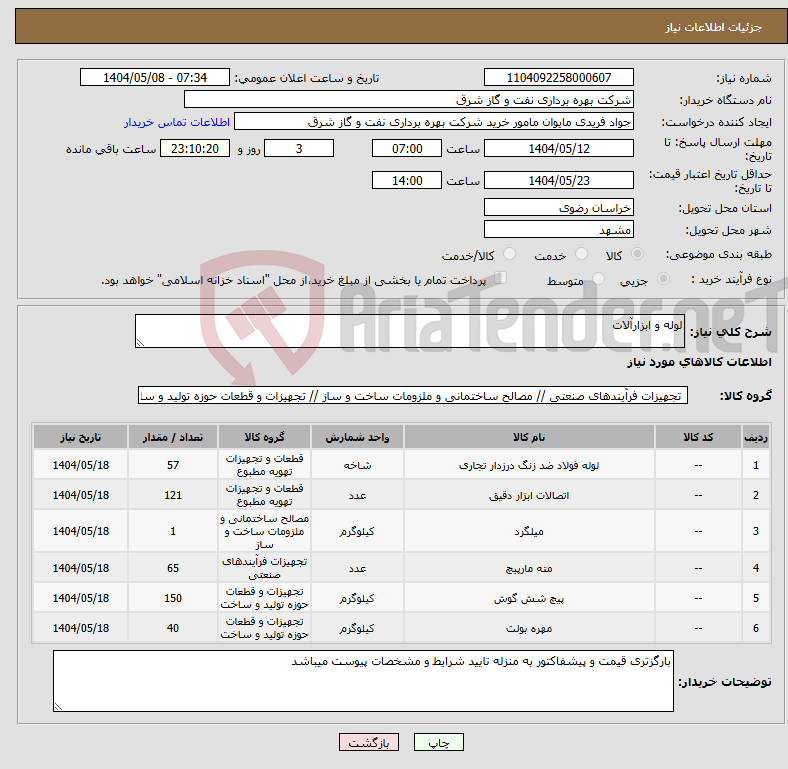 تصویر کوچک آگهی نیاز انتخاب تامین کننده-لوله و ابزارآلات