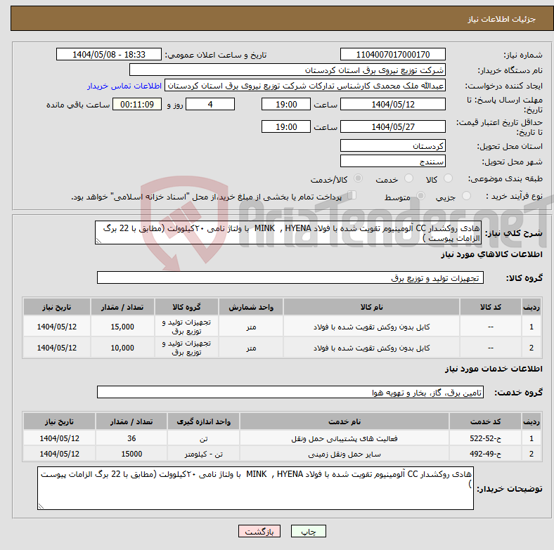 تصویر کوچک آگهی نیاز انتخاب تامین کننده-هادی روکشدار CC آلومینیوم تقویت شده با فولاد MINK , HYENA با ولتاژ نامی ۲۰کیلوولت (مطابق با 22 برگ الزامات پیوست )