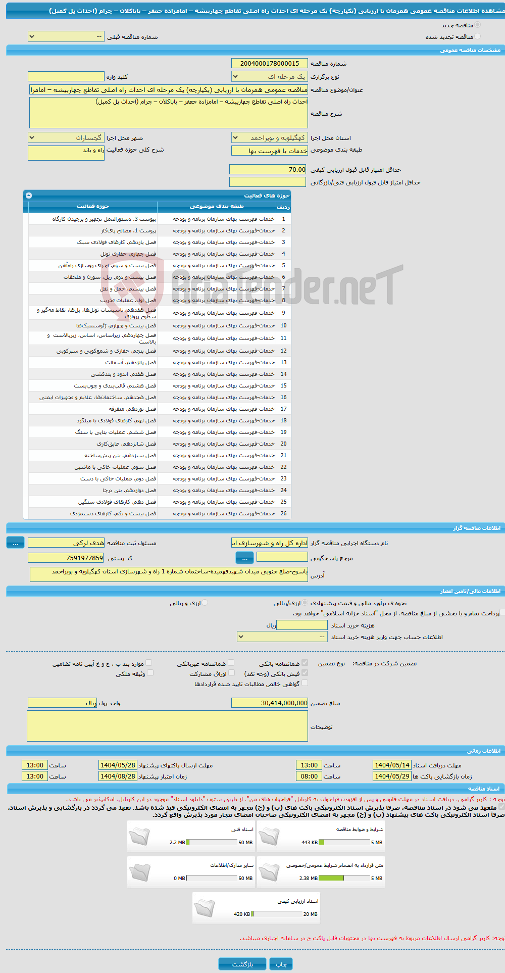 تصویر کوچک آگهی مناقصه عمومی همزمان با ارزیابی (یکپارچه) یک مرحله ای احداث راه اصلی تقاطع چهاربیشه – امامزاده جعفر – باباکلان – چرام (احداث پل کمبل)