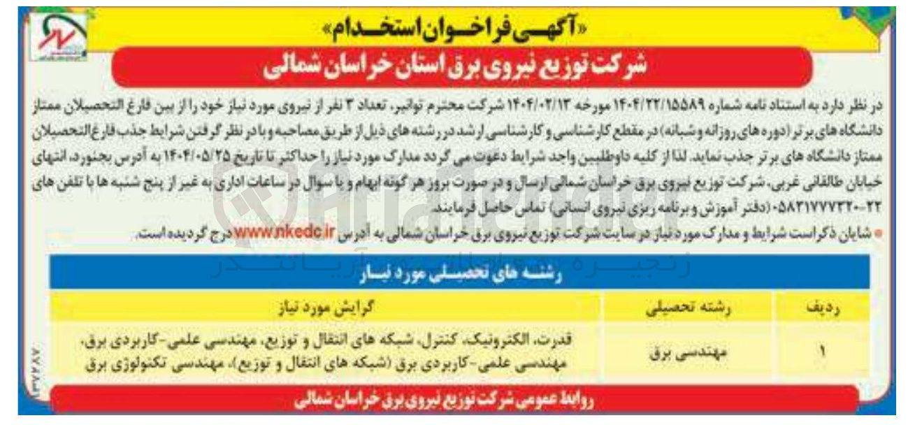 تصویر کوچک آگهی استخدام  تعداد ۳ نفر از نیروی مورد نیاز 