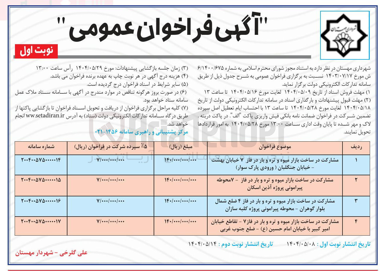 تصویر کوچک آگهی مشارکت در ساخت بازار میوه و تره و بار 