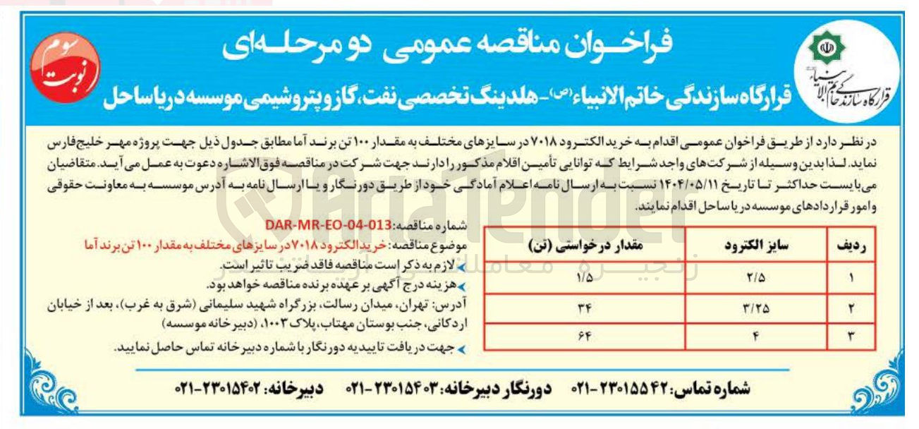 تصویر کوچک آگهی خرید الکترود ۷۰۱۸ در سایزهای مختلف به مقدار ۱۰۰ تن برند آما
