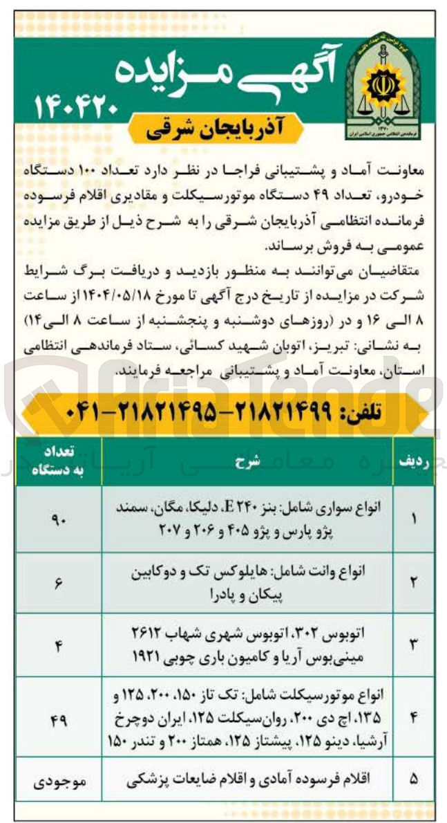 تصویر کوچک آگهی فروش تعداد ۴۹ دستگاه موتورسیکلت و مقادیری اقلام فرسوده