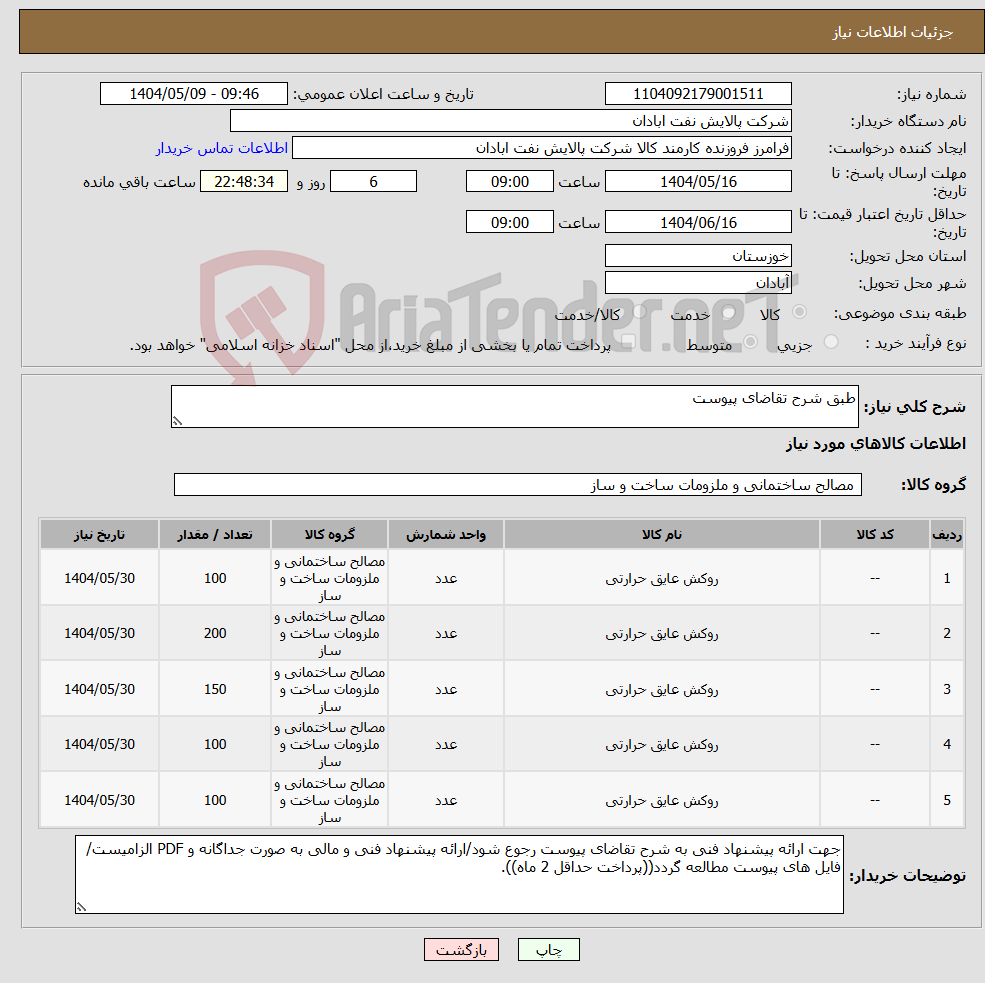 تصویر کوچک آگهی نیاز انتخاب تامین کننده-طبق شرح تقاضای پیوست