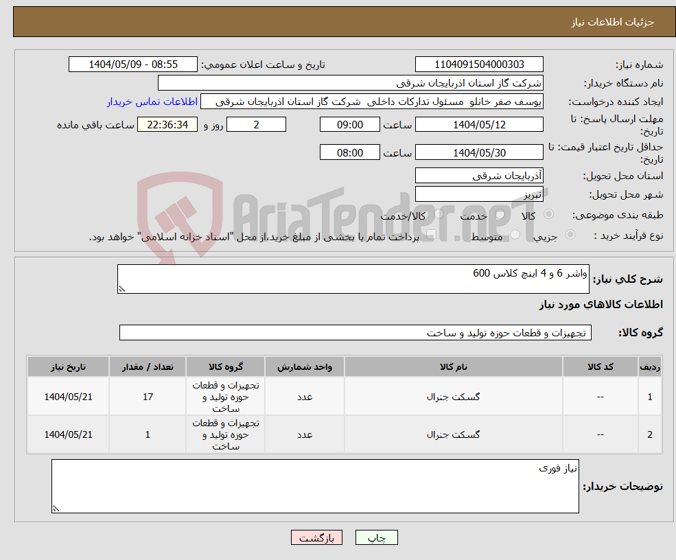 تصویر کوچک آگهی نیاز انتخاب تامین کننده-واشر 6 و 4 اینچ کلاس 600