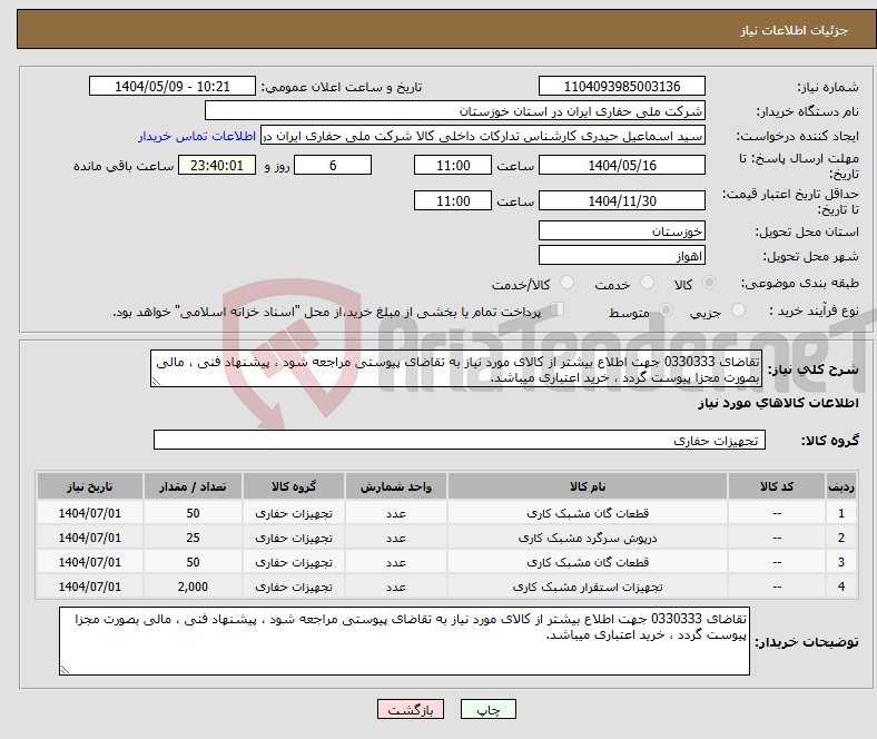 تصویر کوچک آگهی نیاز انتخاب تامین کننده-تقاضای 0330333 جهت اطلاع بیشتر از کالای مورد نیاز به تقاضای پیوستی مراجعه شود ، پیشنهاد فنی ، مالی بصورت مجزا پیوست گردد ، خرید اعتباری میباشد.