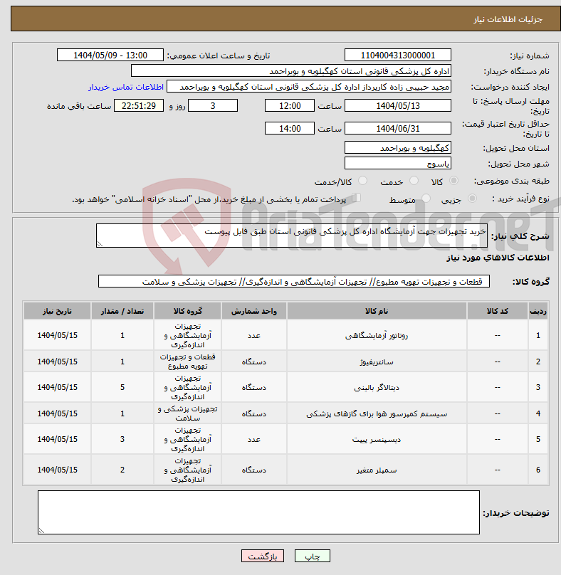 تصویر کوچک آگهی نیاز انتخاب تامین کننده-خرید تجهیزات جهت آزمایشگاه اداره کل پزشکی قانونی استان طبق فایل پیوست