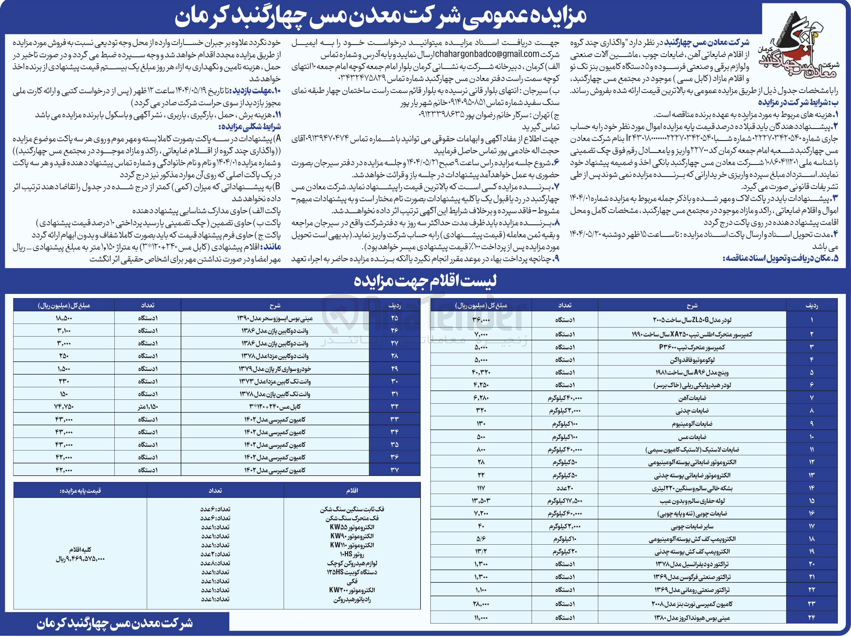 تصویر کوچک آگهی واگذاری چند گروه اقلام ضایعاتی آهن-چوب -ماشین آلات صنعتی و لوارم برقی و صنعتی فرسوده و 5 دستگاه کامیوه بنزنگ نو و اقلام مازاد کابل مسی 