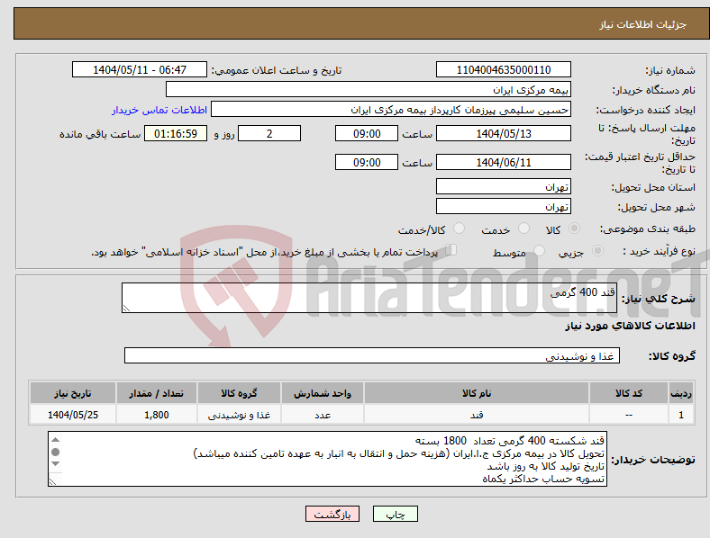 تصویر کوچک آگهی نیاز انتخاب تامین کننده-قند 400 گرمی
