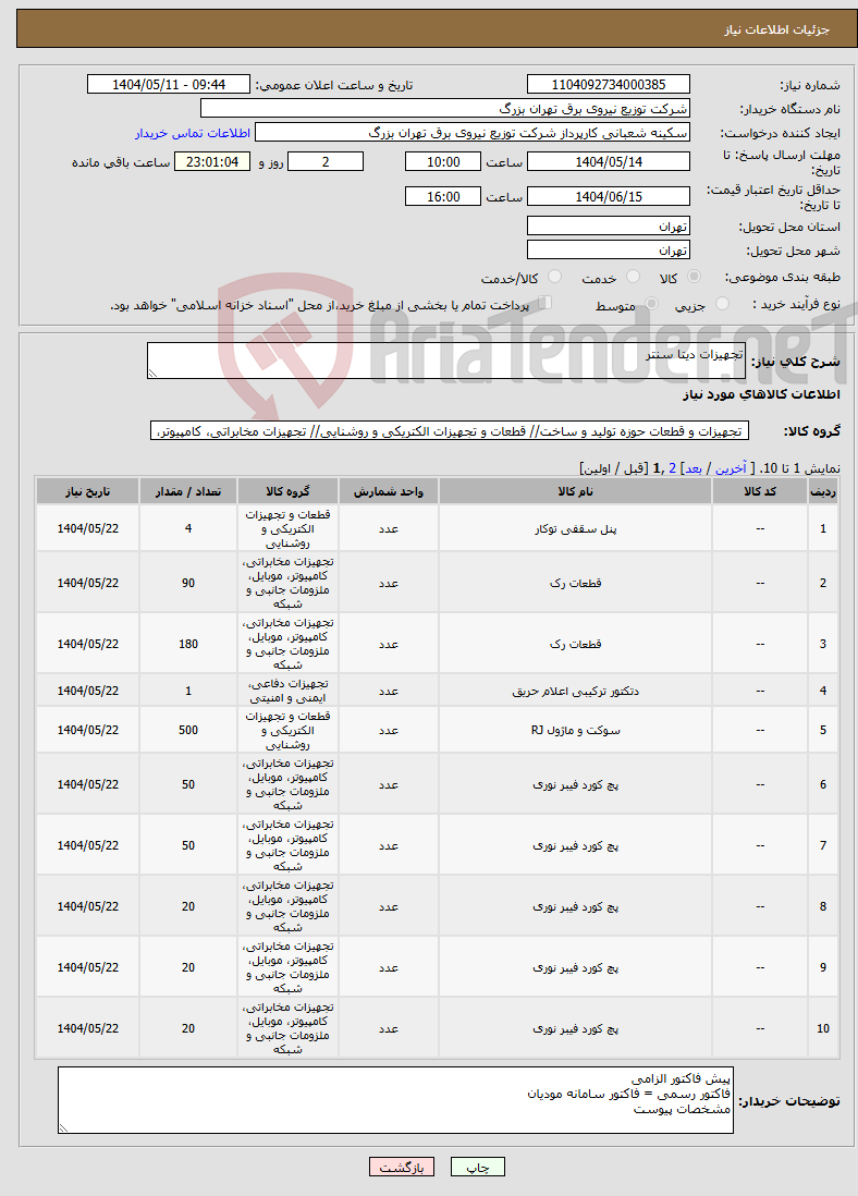 تصویر کوچک آگهی نیاز انتخاب تامین کننده-تجهیزات دیتا سنتر