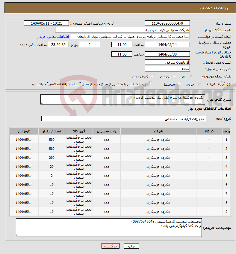 تصویر کوچک آگهی نیاز انتخاب تامین کننده-الکترود جوشکاری(شرح کلی نیاز پیوست گردید)