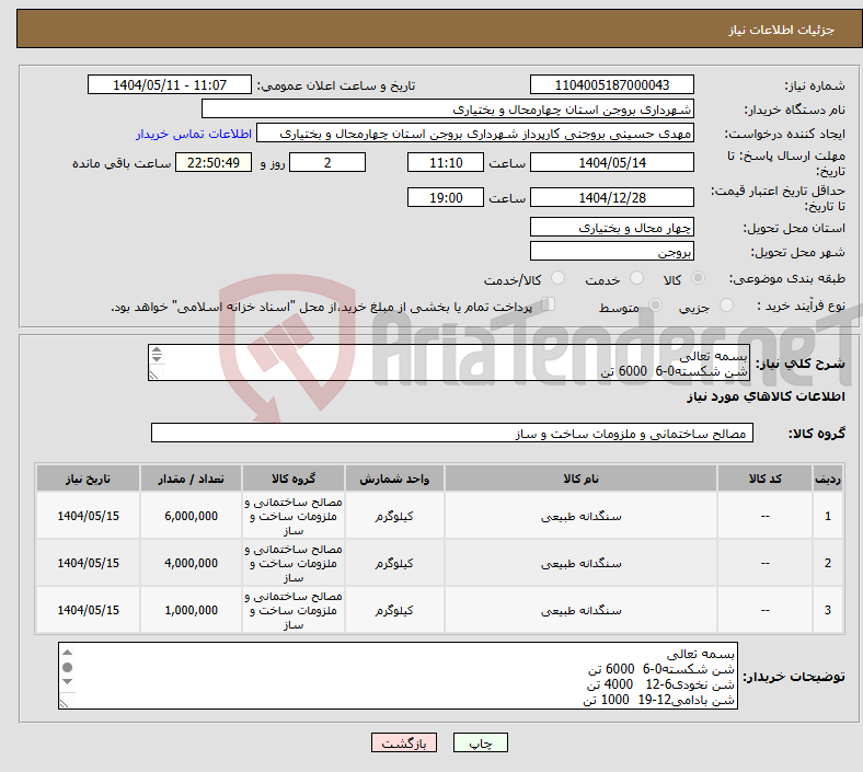 تصویر کوچک آگهی نیاز انتخاب تامین کننده-بسمه تعالی شن شکسته0-6 6000 تن شن نخودی6-12 4000 تن شن بادامی12-19 1000 تن تحویل درب انبار شهرداری