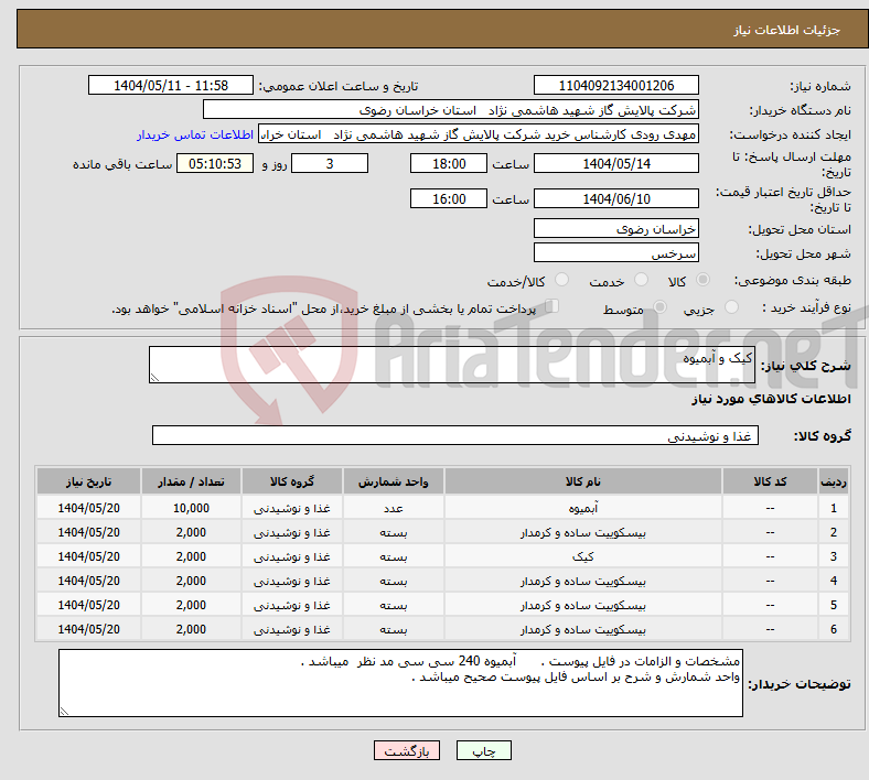 تصویر کوچک آگهی نیاز انتخاب تامین کننده-کیک و آبمیوه 