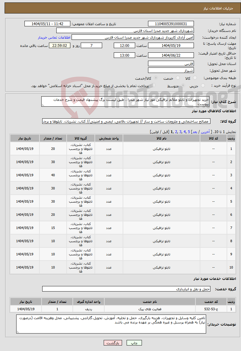 تصویر کوچک آگهی نیاز انتخاب تامین کننده-خرید تجهیزات و تابلو علائم ترافیکی مور نیاز شهر صدرا ، طبق لیست برگ پیشنهاد قیمت و شرح خدمات پیوست