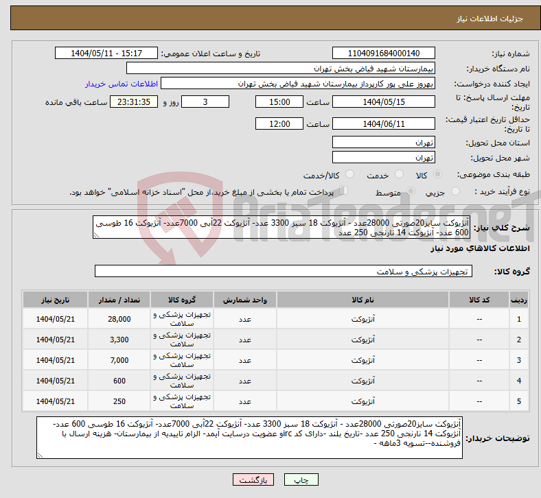 تصویر کوچک آگهی نیاز انتخاب تامین کننده-آنژیوکت سایز20صورتی 28000عدد - آنژیوکت 18 سبز 3300 عدد- آنژیوکت 22آبی 7000عدد- آنژیوکت 16 طوسی 600 عدد- آنژیوکت 14 نارنجی 250 عدد 