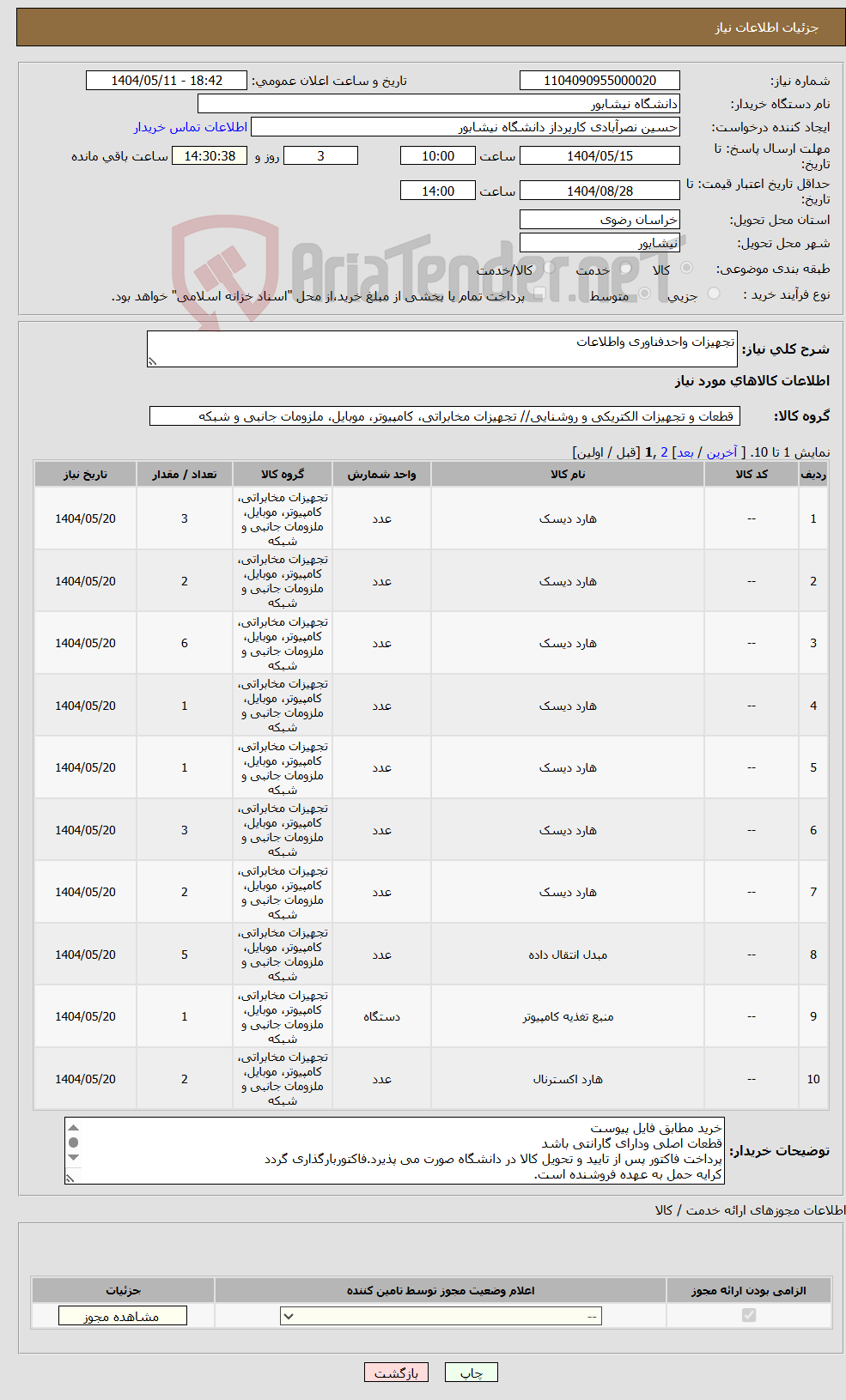 تصویر کوچک آگهی نیاز انتخاب تامین کننده-تجهیزات واحدفناوری واطلاعات
