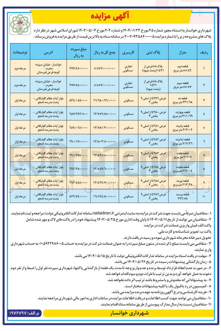 تصویر کوچک آگهی فروش املاک در 10 ردیف با کاربری مسکونی - تجاری