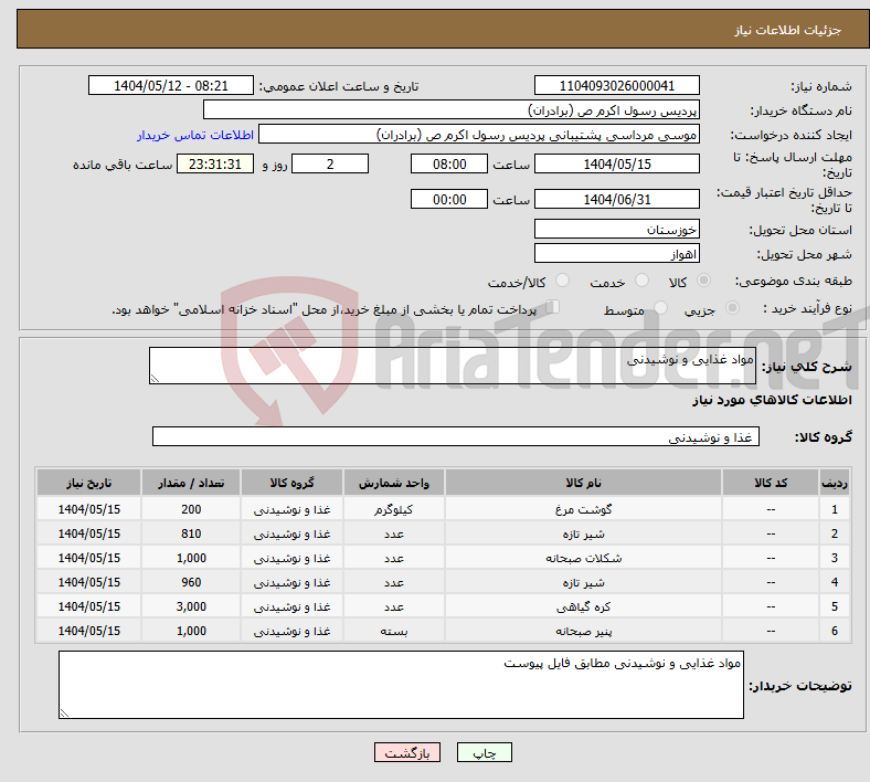 تصویر کوچک آگهی نیاز انتخاب تامین کننده-مواد غذایی و نوشیدنی