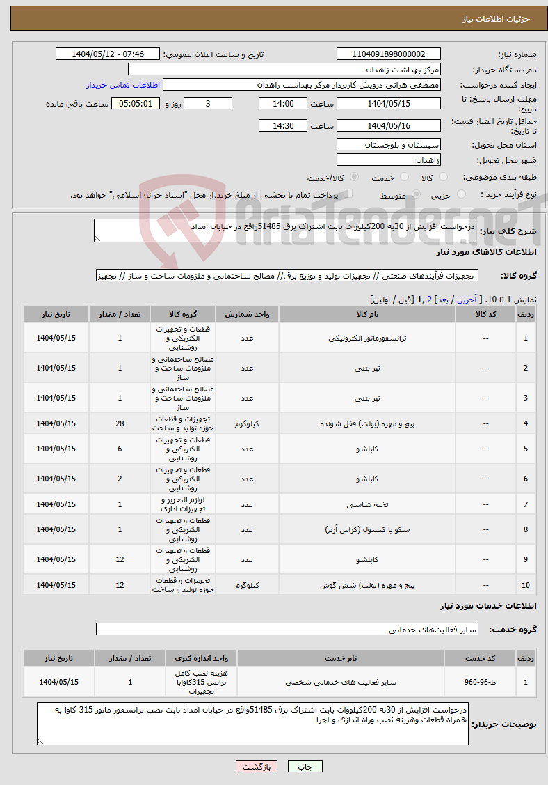 تصویر کوچک آگهی نیاز انتخاب تامین کننده-درخواست افزایش از 30به 200کیلووات بابت اشتراک برق 51485واقع در خیابان امداد 
