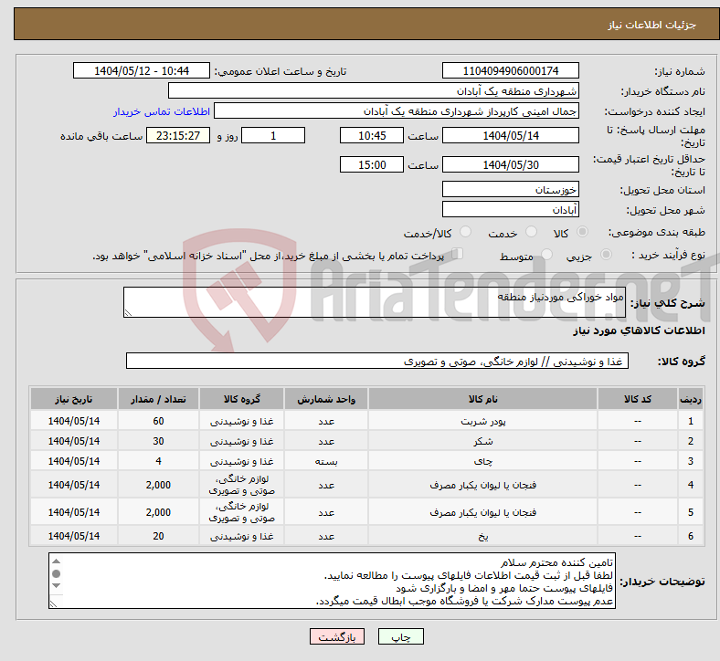 تصویر کوچک آگهی نیاز انتخاب تامین کننده-مواد خوراکی موردنیاز منطقه
