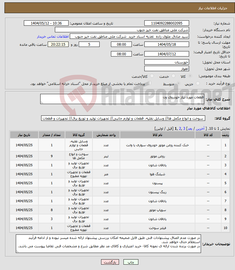 تصویر کوچک آگهی نیاز انتخاب تامین کننده-قطعات مورد نیاز خودروی ون