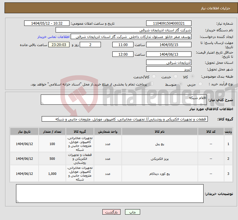 تصویر کوچک آگهی نیاز انتخاب تامین کننده-اقلام شبکه