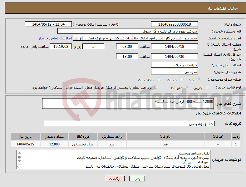 تصویر کوچک آگهی نیاز انتخاب تامین کننده-12000 بسته 400 گرمی قند شکسته