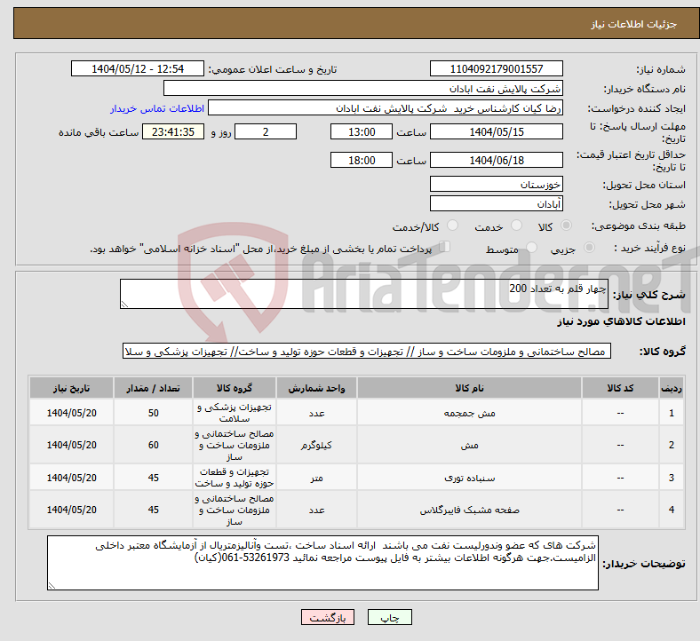 تصویر کوچک آگهی نیاز انتخاب تامین کننده-چهار قلم به تعداد 200