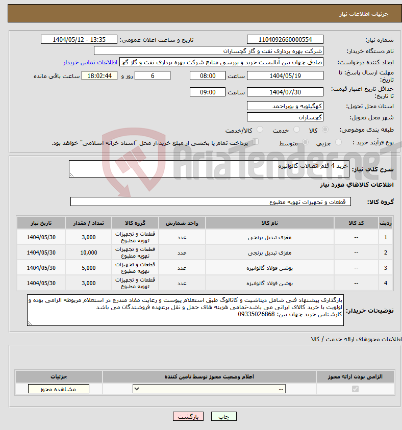 تصویر کوچک آگهی نیاز انتخاب تامین کننده-خرید 4 قلم اتصالات گالوانیزه
