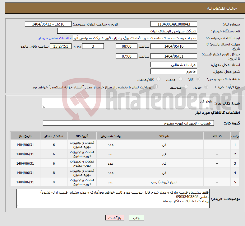 تصویر کوچک آگهی نیاز انتخاب تامین کننده-بلوئر فن