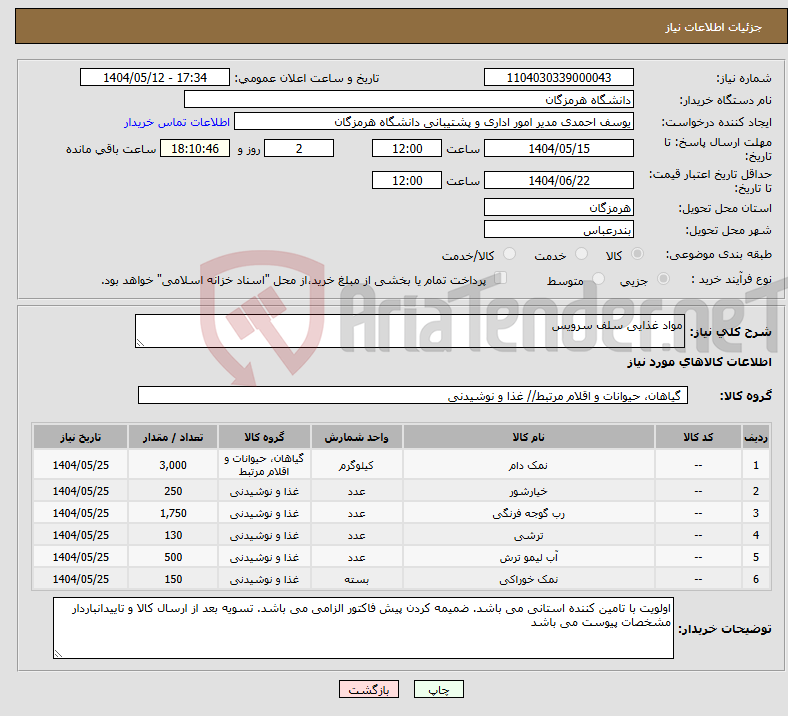 تصویر کوچک آگهی نیاز انتخاب تامین کننده-مواد غذایی سلف سرویس