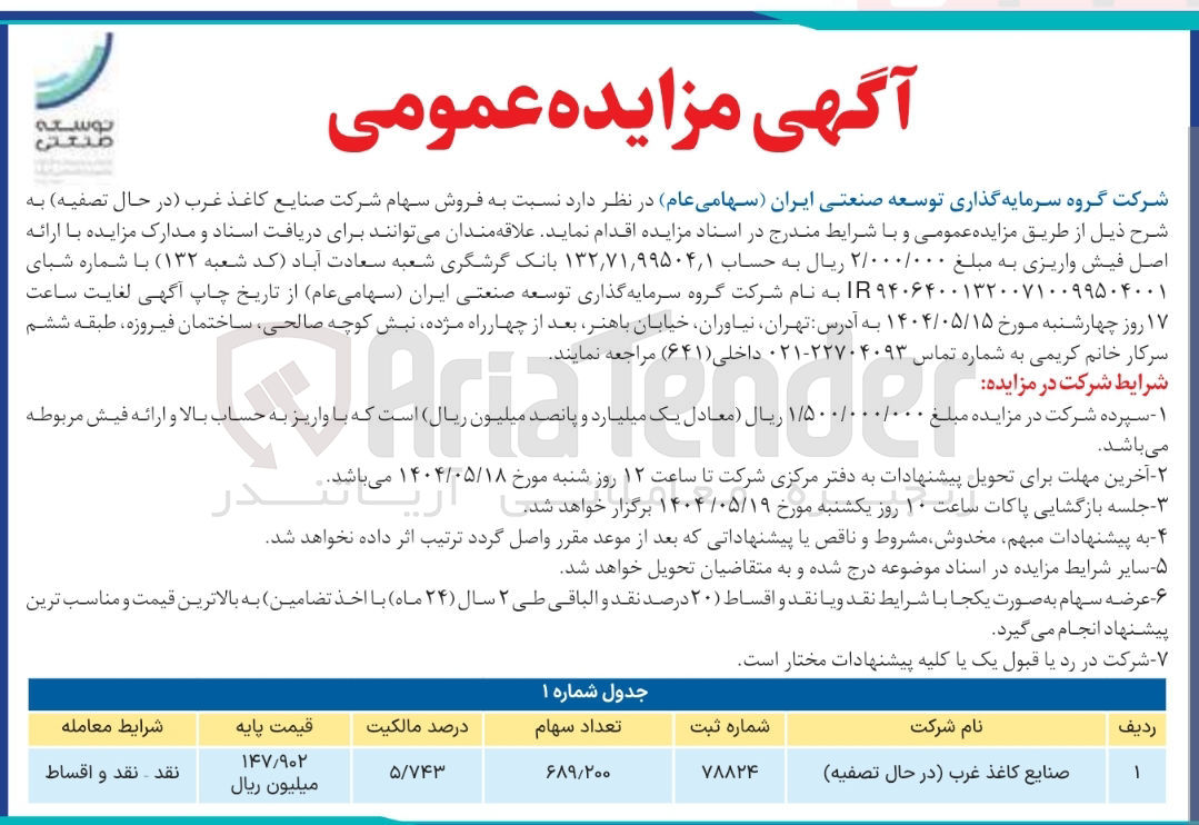 تصویر کوچک آگهی فروش سهام شرکت