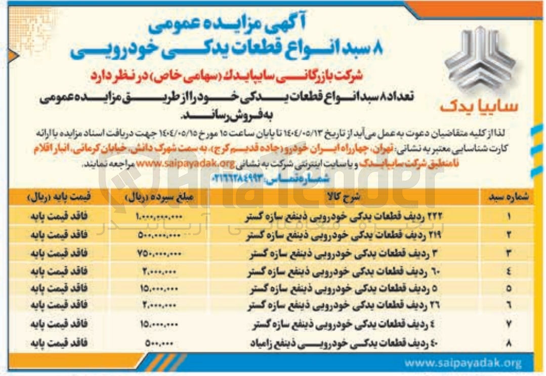 تصویر کوچک آگهی ٦٠ ردیف قطعات یدکی خودرویی ذینفع سازه گستر 
