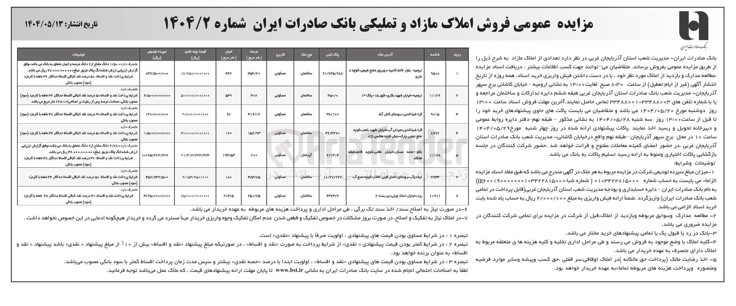 تصویر کوچک آگهی  فروش املاک مازاد و تملیکی 